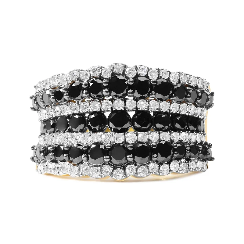 Rings with polished tourmaline for vibrant shine -14K Yellow Gold Plated .925 Sterling Silver 1 3/4 Cttw Treated Black and White Alternating Diamond Multi Row Band Ring (Black / I-J Color, I2-I3 Clarity)