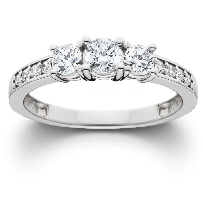 Rings with branch-inspired bands for organic -1Ct Diamond EX3 Lab Grown Three Stone Engagement Ring 10k White Gold