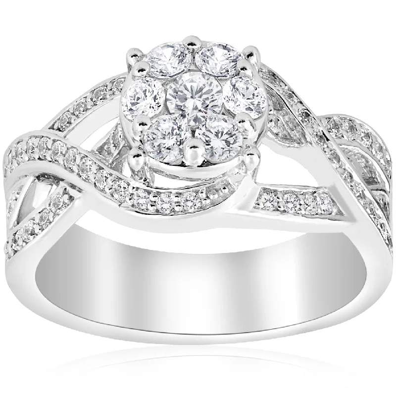 Rings with floral halo diamond arrangements -1ct Pave Round Brilliant Halo Diamond Engagement Cross Over Ring 10k White Gold