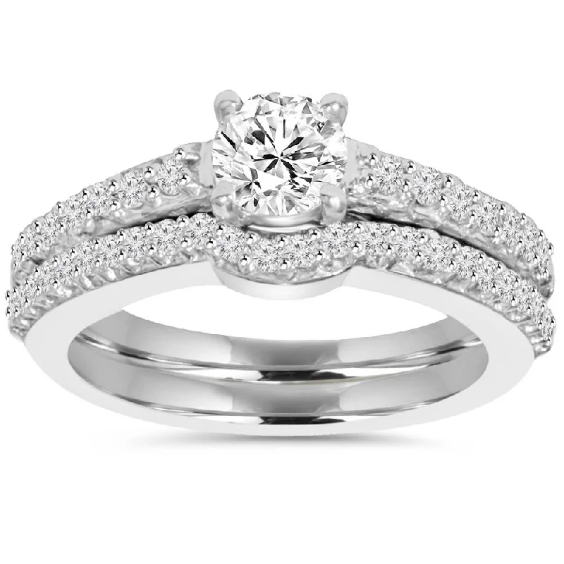 Vintage rings with engraved floral band designs -1ct Round Cut Diamond Engagement Matching Wedding Ring Set 14K White Gold