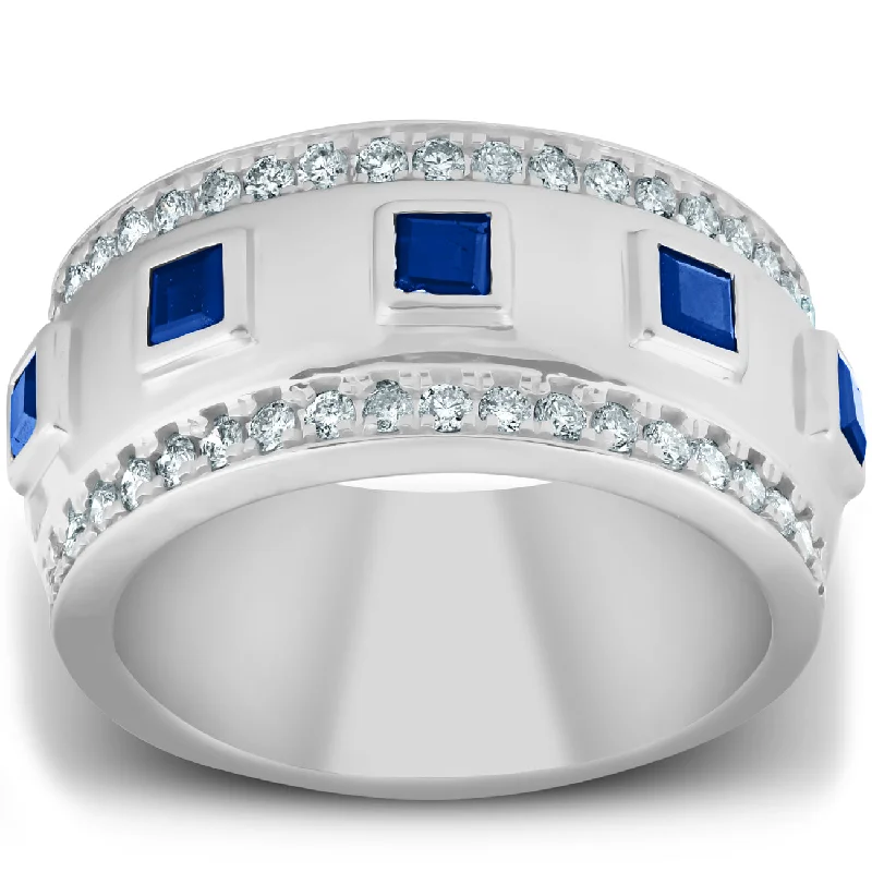 Rings with wide bands for statement wear -2 1/4 Ct Princess Cut Blue Sapphire & Diamond Wedding Ring 10k White Gold