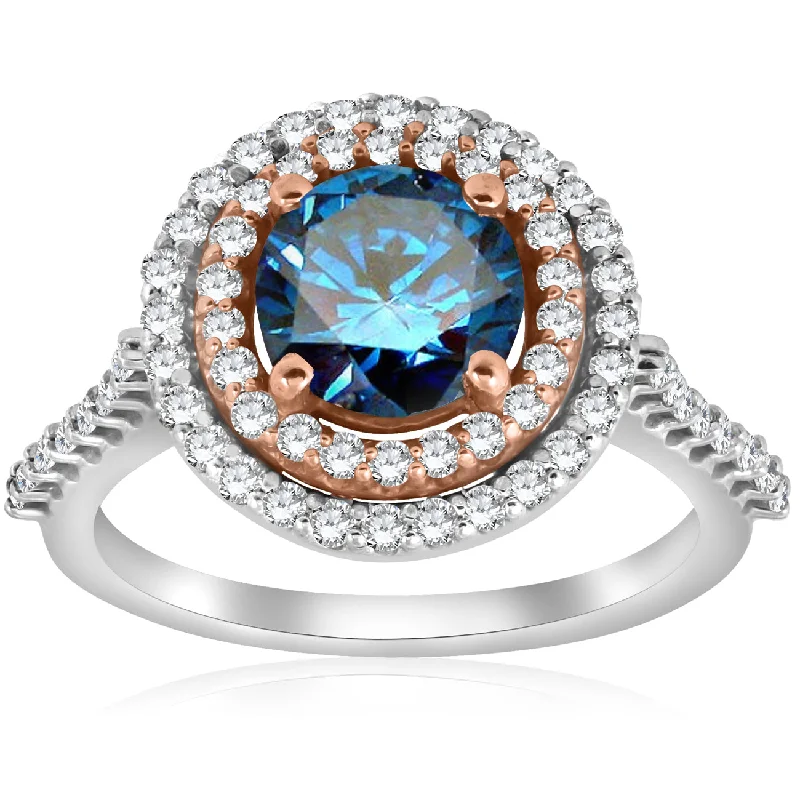 Rings with carved onyx for bold sleekness -2.10ct Double Halo Blue Diamond 14k Rose & White Gold Halo Engagement Ring