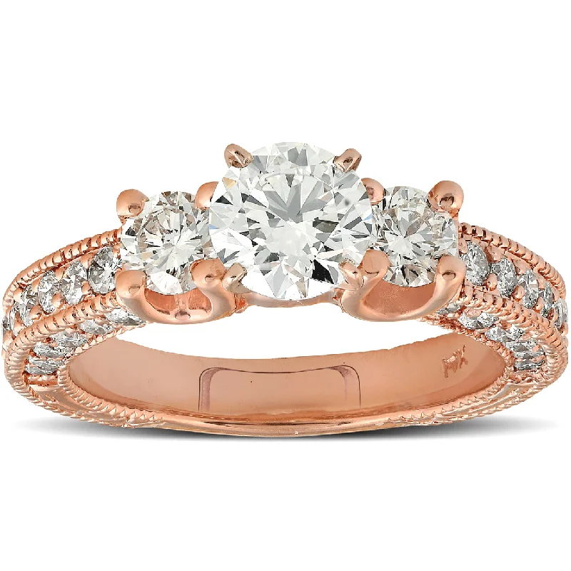 Rings with rough sapphire for rugged chic -2ct Three Stone Vintage Diamond Engagement Ring 14k Rose Gold Enhanced