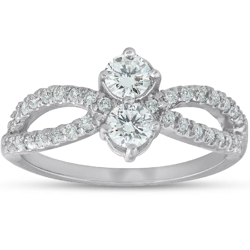 Rings with double bands for modern twist -3/4 Ct Two Stone Diamond Engagement Forever Us Anniversary Ring 14k White Gold