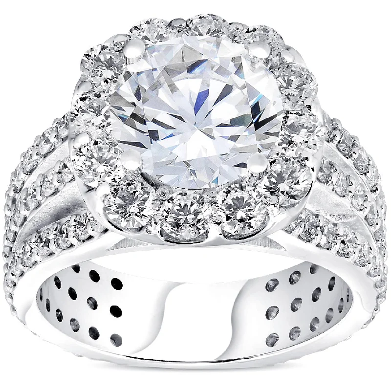 Rings with pave-set gemstones for brilliance -4 1/2ct Cushion Halo Diamond 3-Row Engagement Ring 14k White Gold