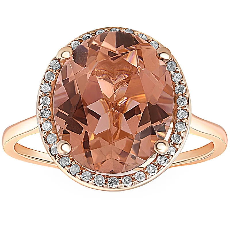 Bold rings with oversized amethyst gemstones -5 1/2 Ct TW Halo Diamond & Oval 10x12 Morganite Ring 14k Rose Gold