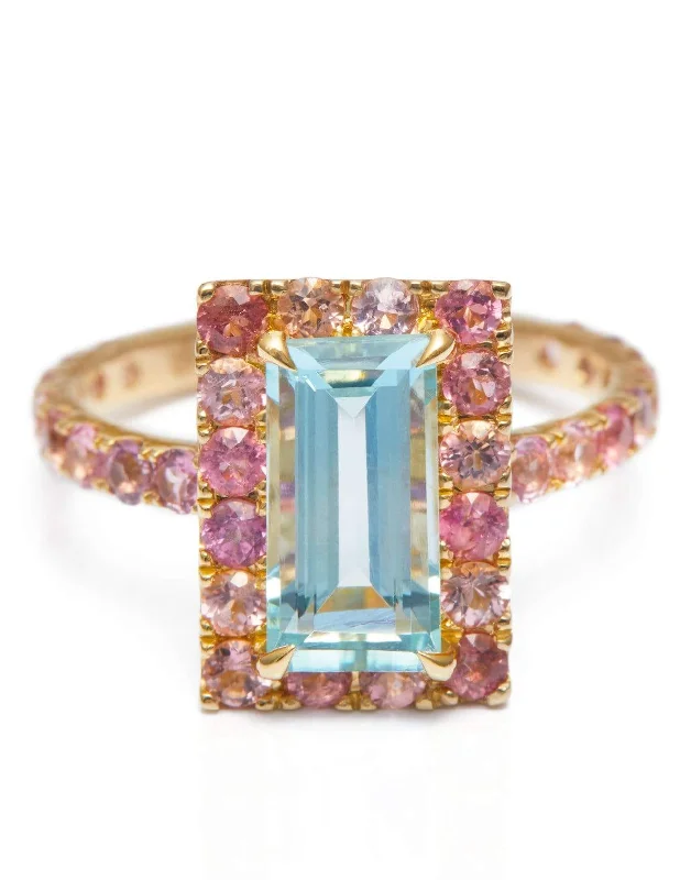 Rings with aquamarine stones for ocean charm -Aquamarine and Pink Tourmaline Candy Ring