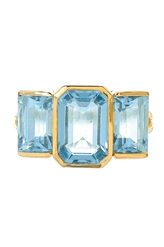 Chunky rings with hammered gold band texture -Aquamarine Tonal Deco Supreme Ring