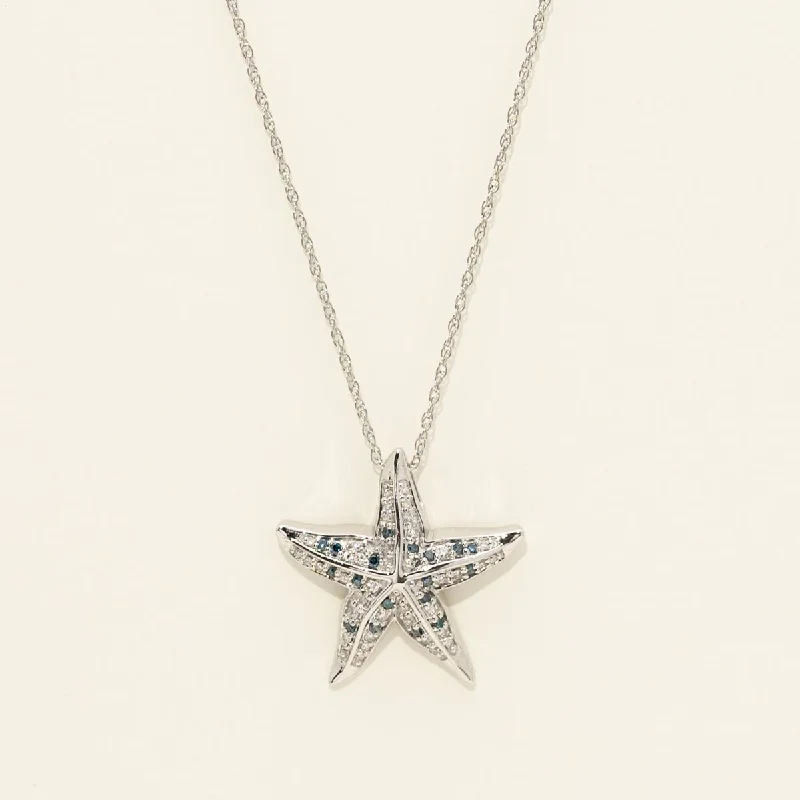 Beautiful necklaces and pendants with gemstone teardrops for an elegant effect-Blue and White Diamond Starfish Necklace in Sterling Silver (1/7ct tw)