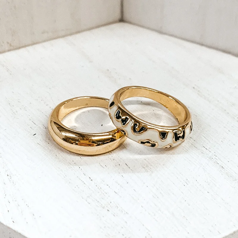 Rings with blue quartz for cool tones -Set of 2 | Thick Gold Tone Ring Set Leopard Print in Ivory