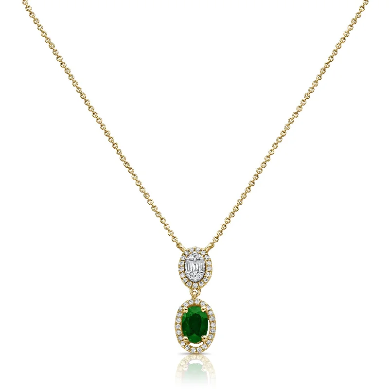 Stunning necklaces and pendants with sapphire gemstones for a luxurious blue hue-Emerald and Diamond Double Halo Drop Necklace in 14K Rose Gold