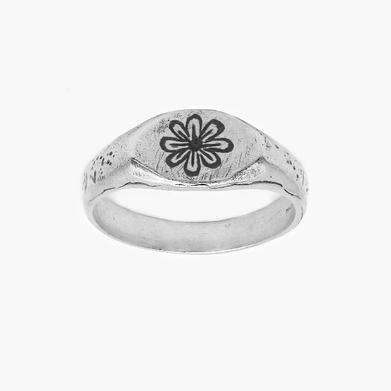 Rings with hammered silver for rustic appeal -Engraved Daisy Sterling Silver Ring