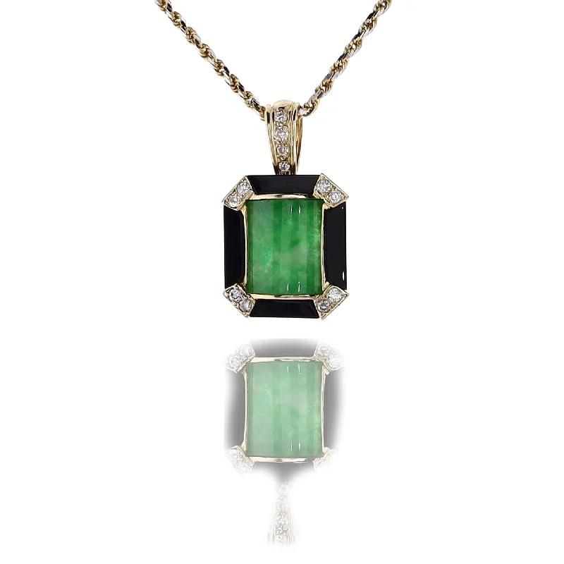 Best necklaces and pendants with crystal accents for a sparkling and elegant style-Estate 18k Two Tone  Curved Rectangle Jadeite Diamond and Onyx Pendant Necklace