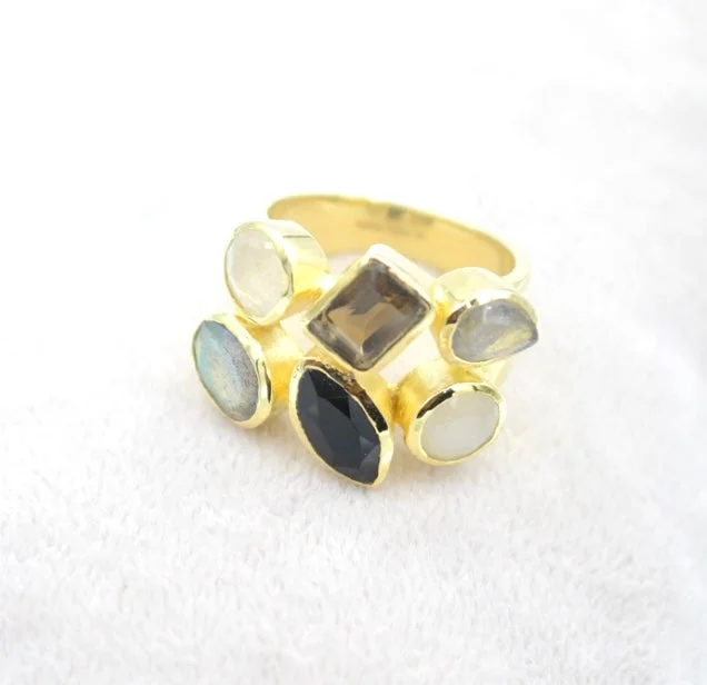 Rings with polished jade for smooth calm -Gold Plated Ring With Neutral Tone Natural Stones