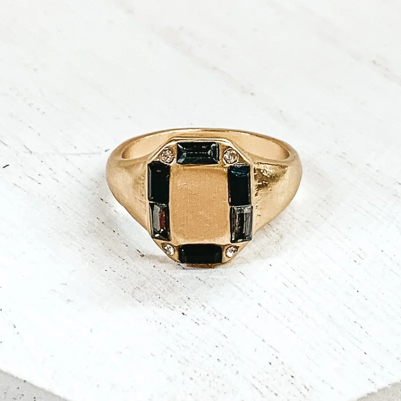 Rings with hematite for sleek metallic sheen -Gold Tone Rectangle Shaped Ring with Mix of Black Outline Crystals