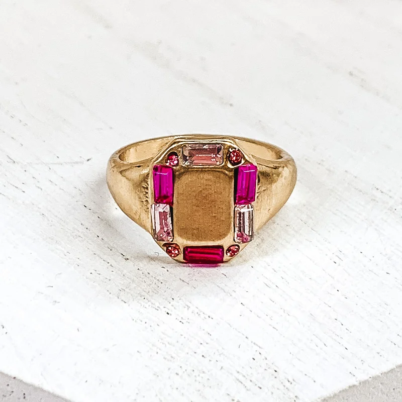 Rings with floral halo diamond arrangements -Gold Tone Rectangle Shaped Ring with Mix of Pink Outline Crystals