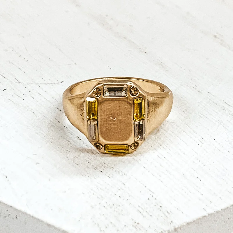 Rings with birthstone clusters for personalization -Gold Tone Rectangle Shaped Ring with Mix of Yellow Outline Crystals