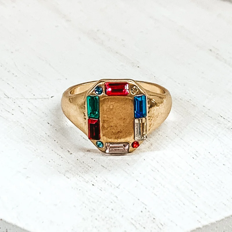 Rings with vintage-inspired emerald for luxury -Gold Tone Rectangle Shaped Ring with Multicolored Outline Crystals