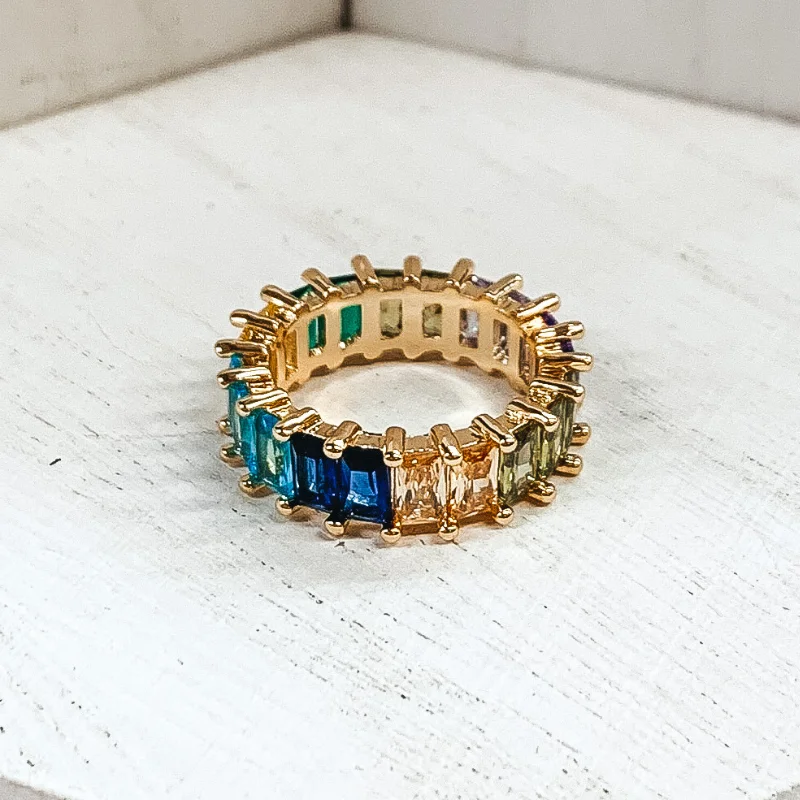 Rings with gothic-inspired skull motif details -Gold Tone Ring with Baguette Crystals in Blue Multicolored