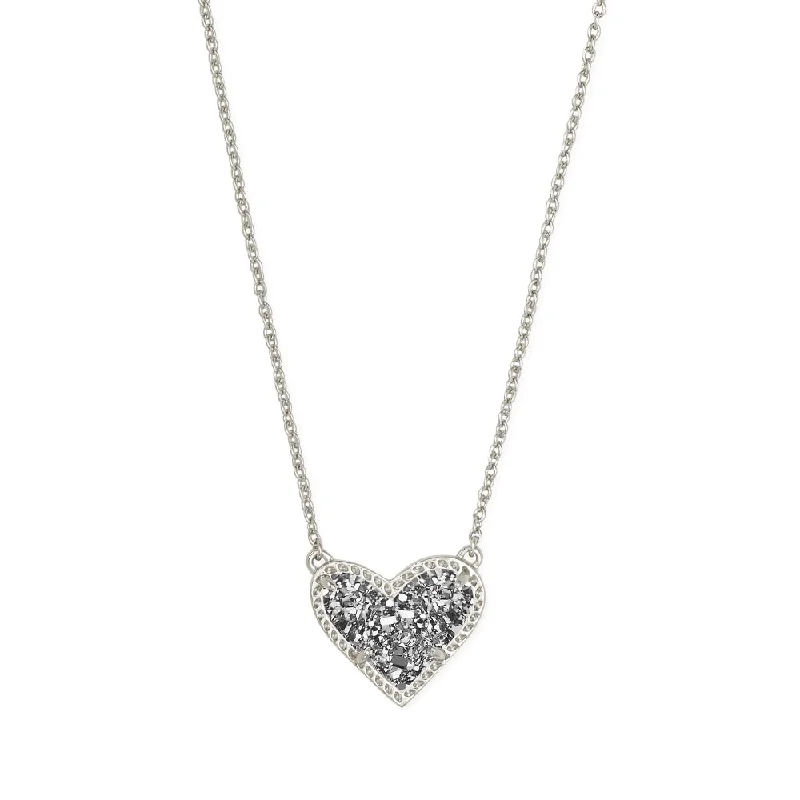 Unique necklaces and pendants with custom birthstone arrangements for personalization-Kendra Scott Ari Heart Rhodium Short Pendant Necklace in Platinum Drusy