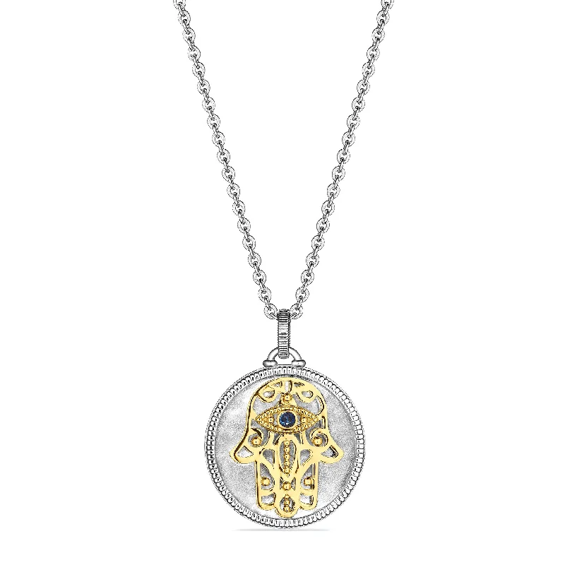 Necklaces and pendants with clear quartz for a pure and radiant look-Little Luxuries Long Hamsa Medallion Necklace with Blue Sapphire, Diamonds and 18K Gold