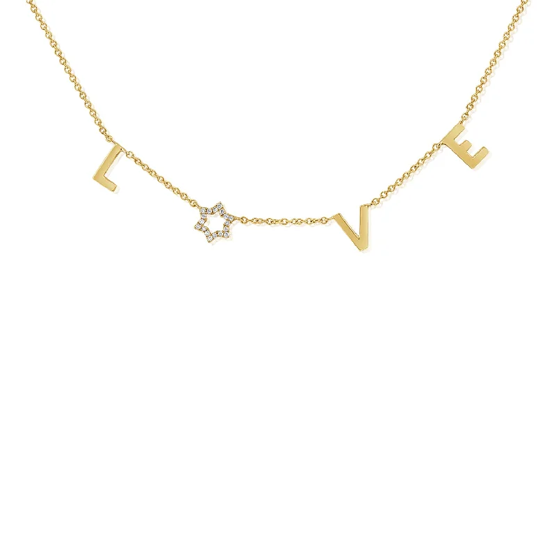 Best necklaces and pendants with gemstone clusters for a bold and colorful effect-LOVE Letter and Diamond Star Necklace in 14K Gold