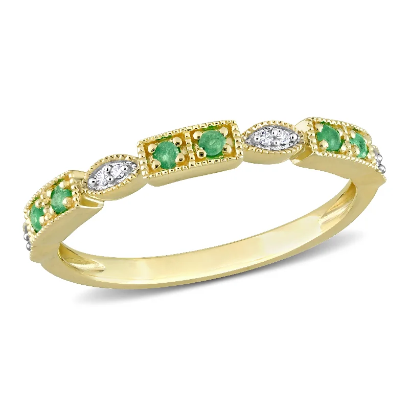 Rings with citrine stones for sunny vibes -Miadora 1/8ct TGW Emerald and Diamond Accent Semi-Eternity Ring in 10k Yellow Gold