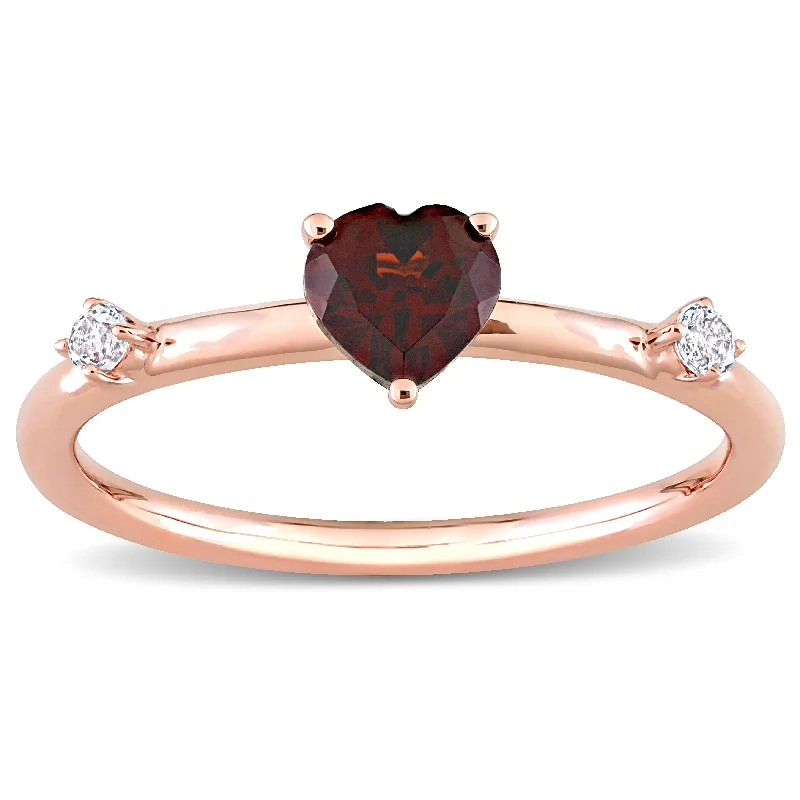 Rings with rough opal for organic shine -Miadora 10k Rose Gold Garnet and White Topaz 3-Stone Stackable Heart Ring