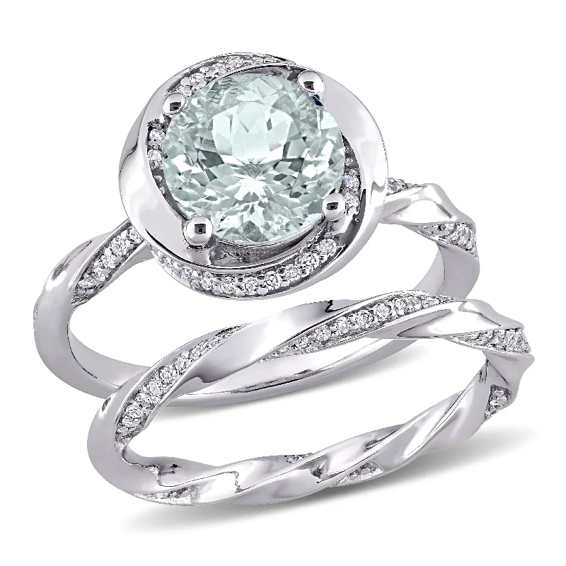 Rings with matte gold for subtle luxury -Miadora 10k White Gold Aquamarine and 2/5ct TDW Diamond Halo Swirl Bridal Ring Set