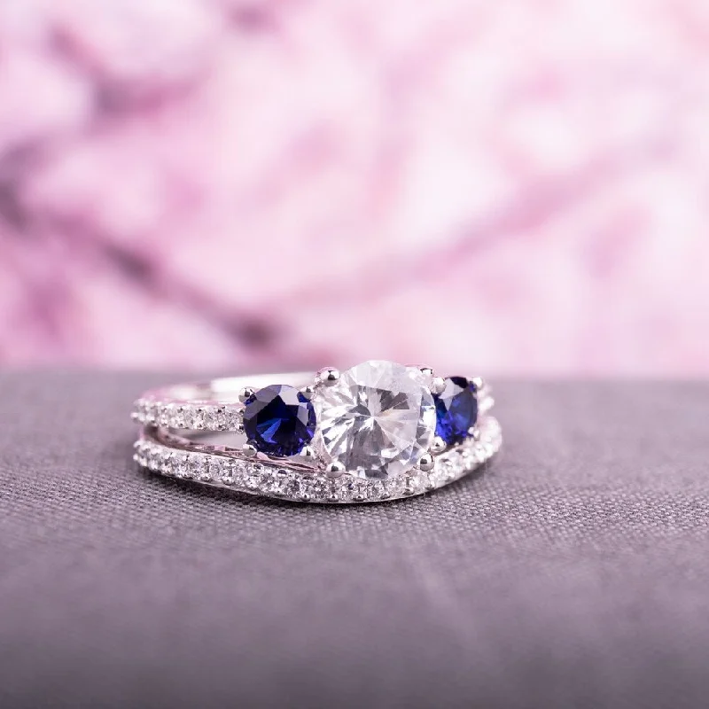 Rings with branch-inspired bands for organic -Miadora 10k White Gold Created White and Blue Sapphire 1/3ct TDW Diamond Bridal Ring Set