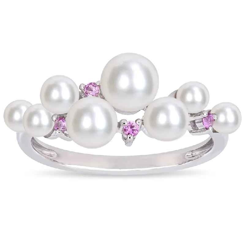 Rings with tiger eye bands for warmth -Miadora 10k White Gold Cultured Freshwater Pearl Pink Sapphire Ring (3-5.5mm)