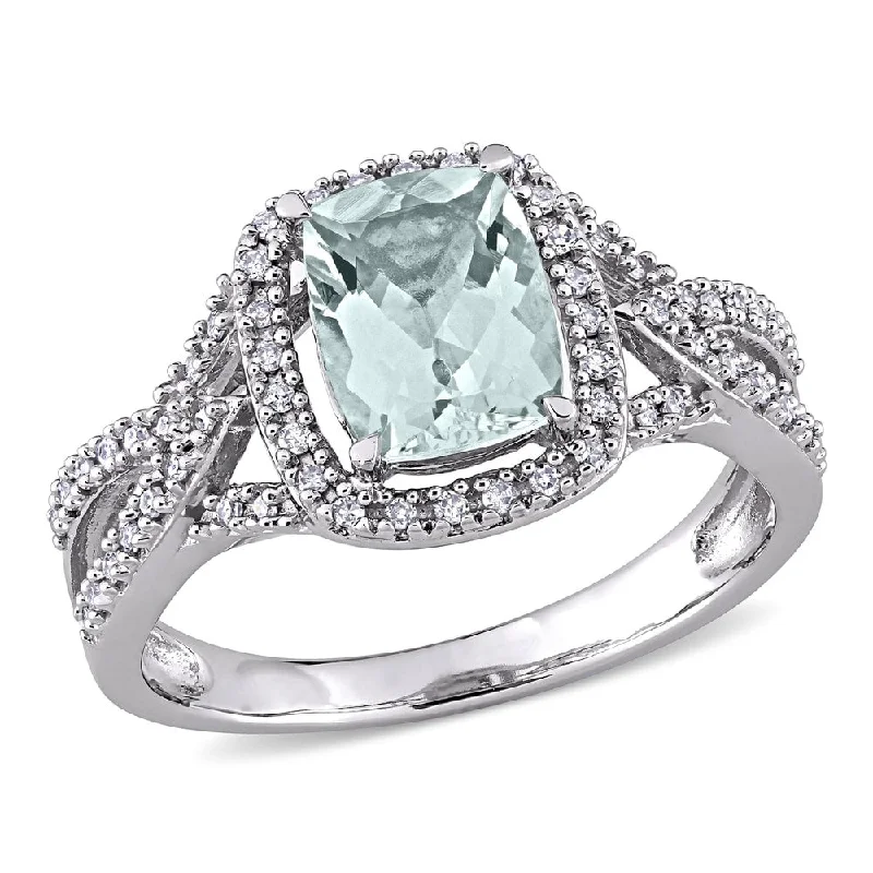 Rings with herkimer diamonds for raw clarity -Miadora 10k White Gold Cushion Aquamarine & 1/6ct TDW Diamond Halo Split Shank Engagement Ring