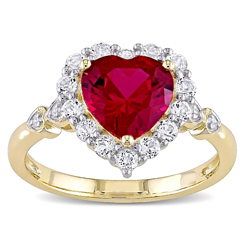 Rings with raw topaz for icy charm -Miadora 10k Yellow Gold Created Ruby, White Topaz & Diamond Halo Heart Engagement Ring