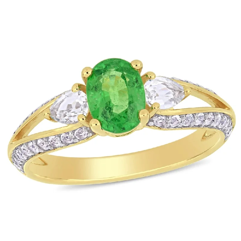 Rings with twisted rose gold band designs -Miadora 10k Yellow Gold Tsavorite and White Topaz Split Shank Engagement Ring