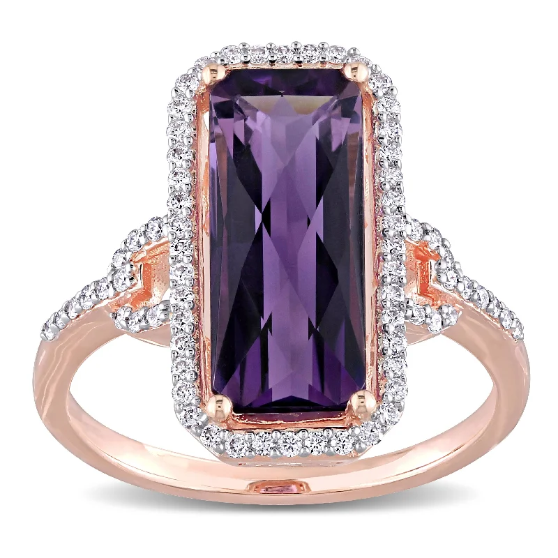 Rings with vintage claw prongs for elegance -Miadora 14k Rose Gold 5ct TGW Octagon-cut Amethyst & 1/4ct TDW Diamond Halo Cocktail Ring