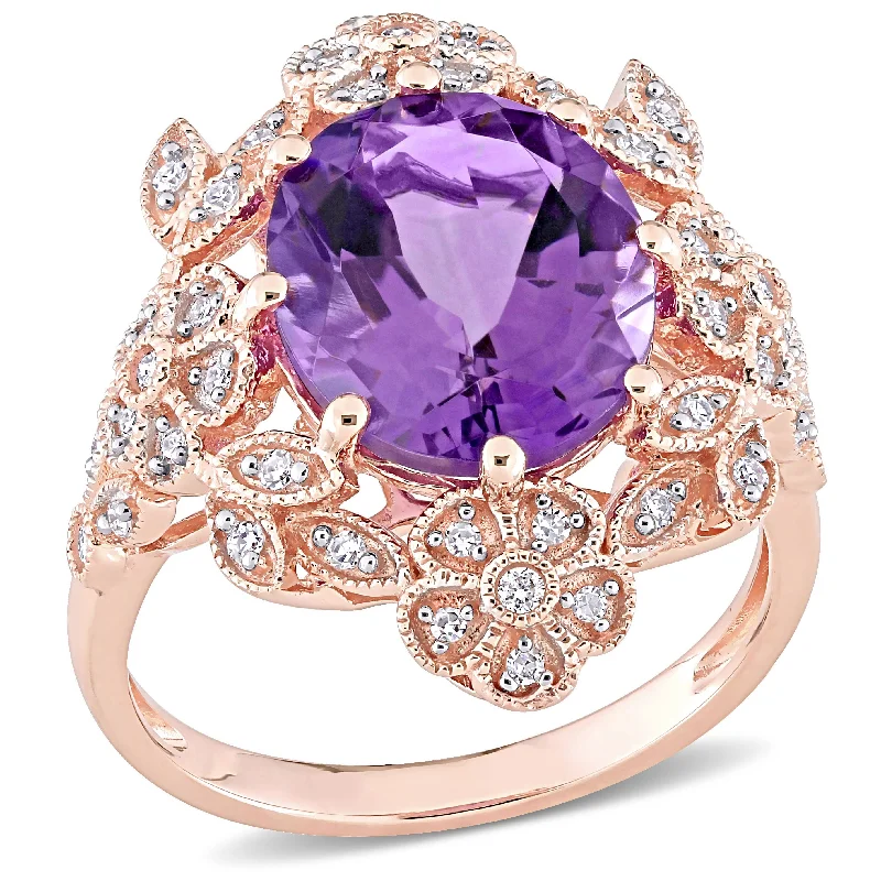 Rings with shield-shaped stones for boldness -Miadora 14k Rose Gold Oval-cut Amethyst & 1/4ct TDW Diamond Vintage Floral Halo Cocktail Ring