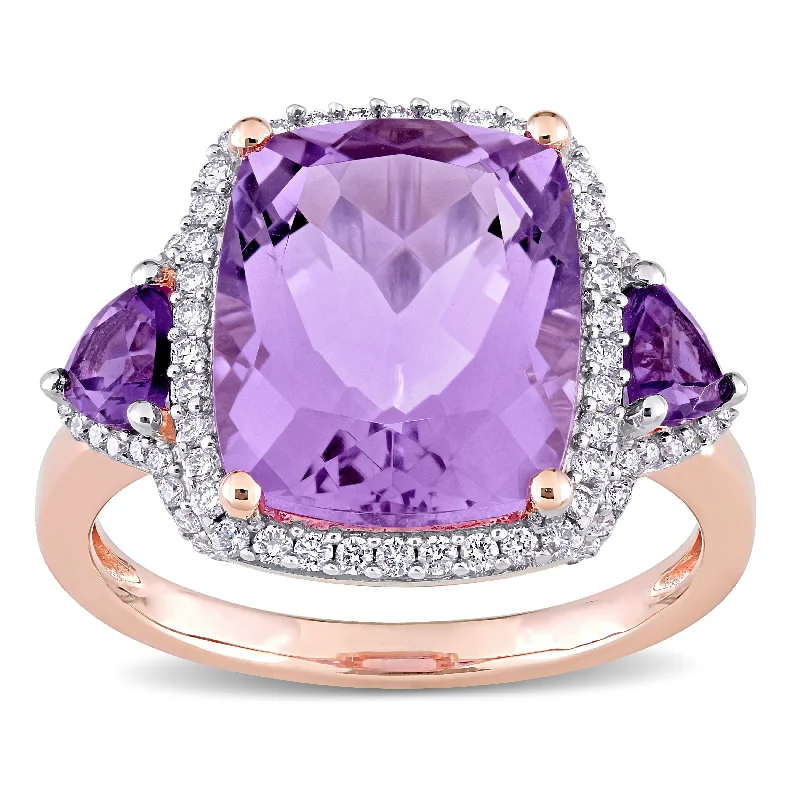 Rings with rough sapphire for rugged chic -Miadora 14k Rose Gold Rose De France, African-Amethyst & 1/3ct TDW Diamond Halo Cocktail Ring