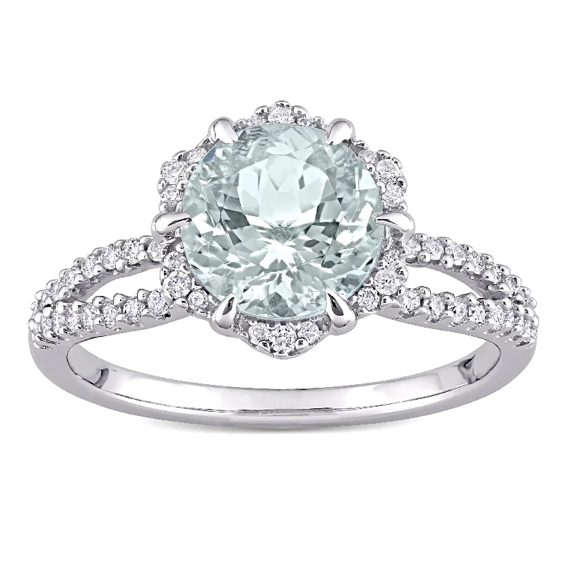 Rings with star sapphire for unique glow -Miadora 14k White Gold Aquamarine and 1/3ct TDW Diamond Floral Halo Split Shank Engagement Ring