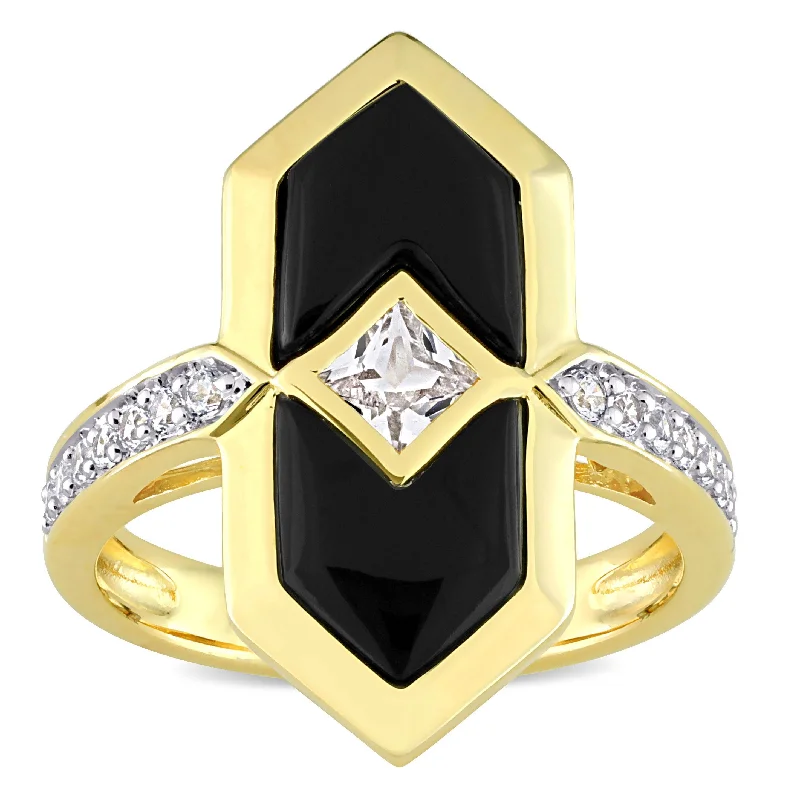 Rings with vintage claw prongs for elegance -Miadora 7.06 CT TGW Black Onyx Created White Sapphire Fashion Ring Yellow Silver