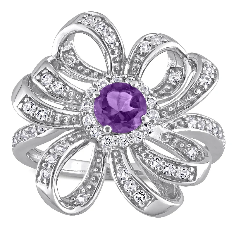 Rings with aquamarine stones for ocean charm -Miadora African Amethyst and White Topaz Floral Cluster Ring in Sterling Silver