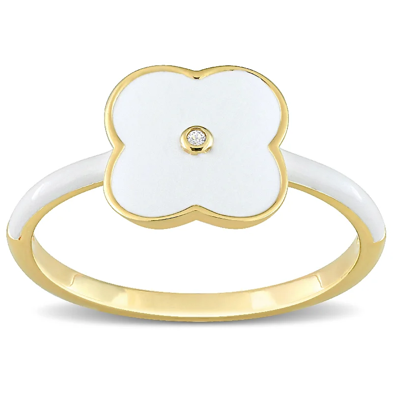 Vintage rings with engraved floral band designs -Miadora Created White Sapphire Floral Enamel Ring in Yellow Plated Sterling Silver