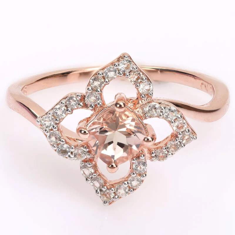 Rings with floral amethyst for romantic touch -Miadora Cushion-cut Morganite and White Topaz Quatrefoil Floral Ring in Rose Plated Sterling Silver