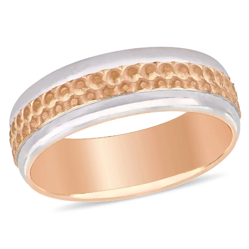 Chunky rings with hammered gold band texture -Miadora Ladies Hammered Wedding Band in 2-Tone 10k Rose and White Gold (6mm)