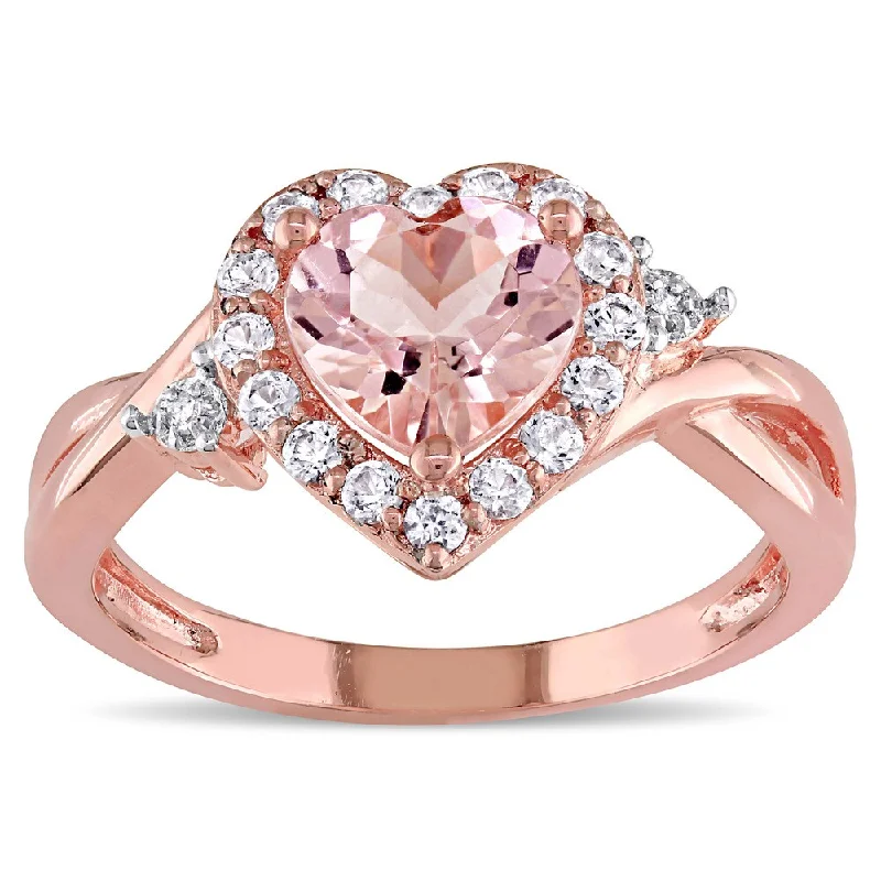 Handcrafted rings with raw emerald rough stones -Miadora Rose Plated Sterling Silver Morganite, Created White Sapphire and Diamond Accent Heart Infin - Pink