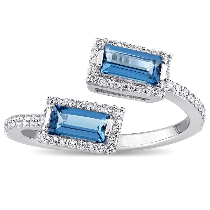 Rings with channel-set turquoise for color -Miadora Signature Collection 14k White Gold Baguette-Cut London-Blue Topaz and 1/4ct TDW Diamond Hal