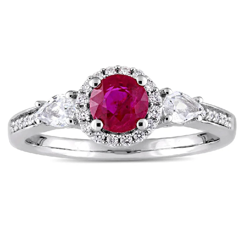 Rings with channel-set turquoise for color -Miadora Signature Collection 14k White Gold Round White Sapphire Ruby and 1/8ct TDW Diamond 3-Stone - Red