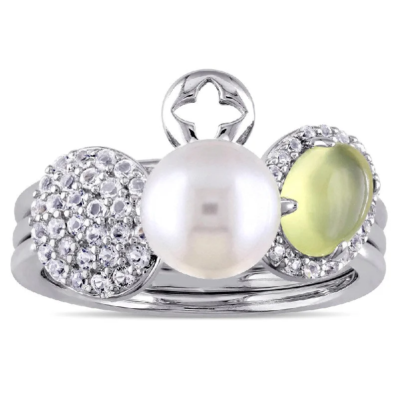 Rings with gothic rose quartz for drama -Miadora Sterling Silver Cultured Freshwater Pearl Yellow Dyed Quartz White Topaz 3-Piece Stackable Ring Set (7.5- 8 mm)