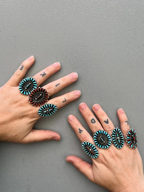 Rings with oxidized bands for vintage edge -Needlepoint Turquoise or Coral Rings (multiple options)