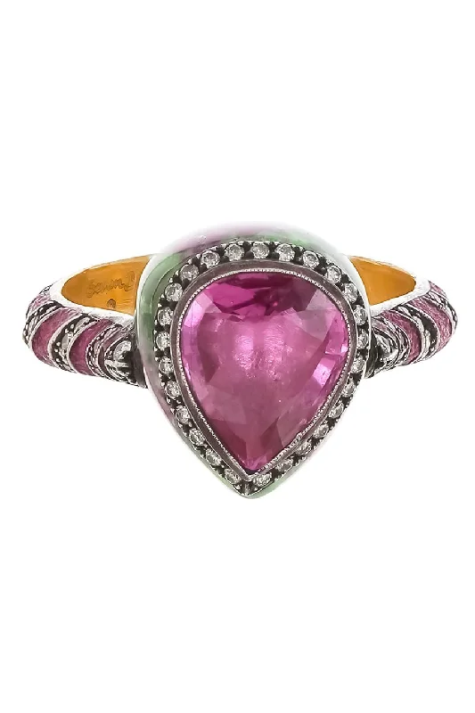 Rings with pink sapphire for delicate charm -Pink Sapphire Diamond Grape Leaves Ring