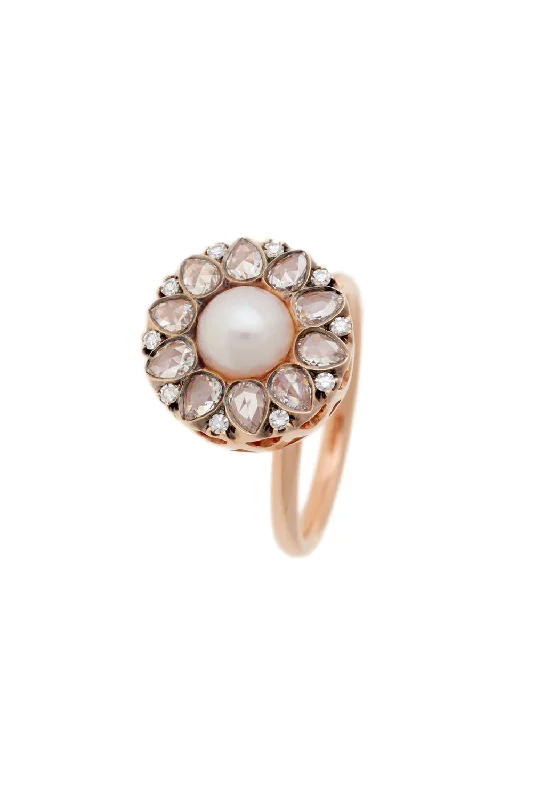 Rings with starburst topaz for radiant beauty -Pearl Diamond Flower Ring